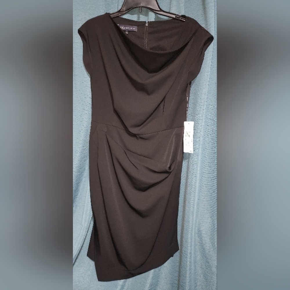 New AK Anne Klein Sleeveless Black Sheeth Dress 8 Gathered At Waist Asymmetric